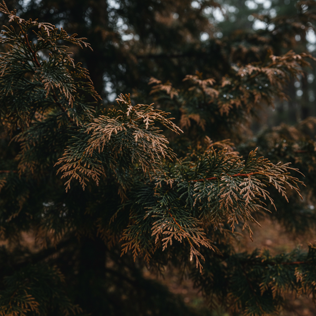Close-up of Black Cedar foliage with bronze tones